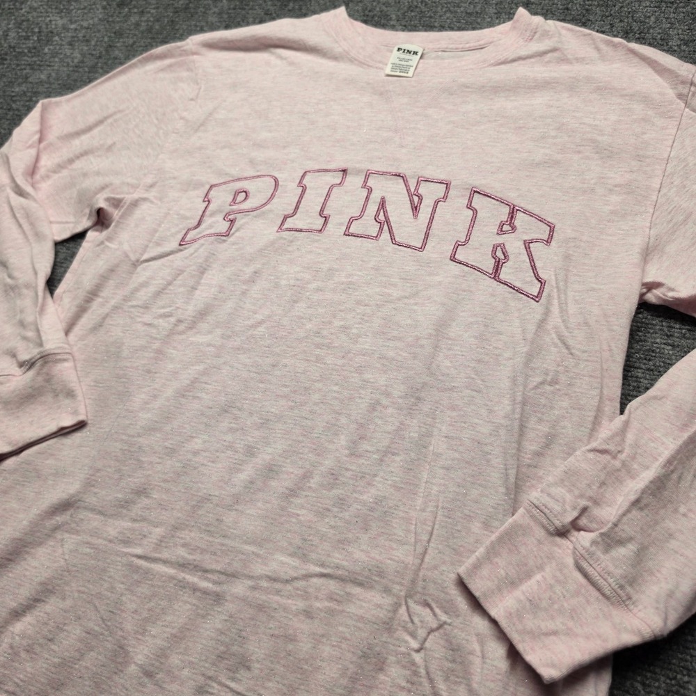 PINK Victorias Secret Metallic Sparkle Long Sleeve Tee Shirt XS Pink Glitter Top